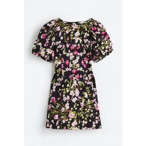 NWT h&m Open Tie backed Mini Dress Puff Sleeves Black/floral XS Cottagecore